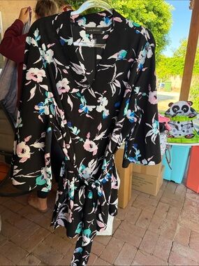 Lane Bryant Black Floral Wrap Blouse with Pastel Accents